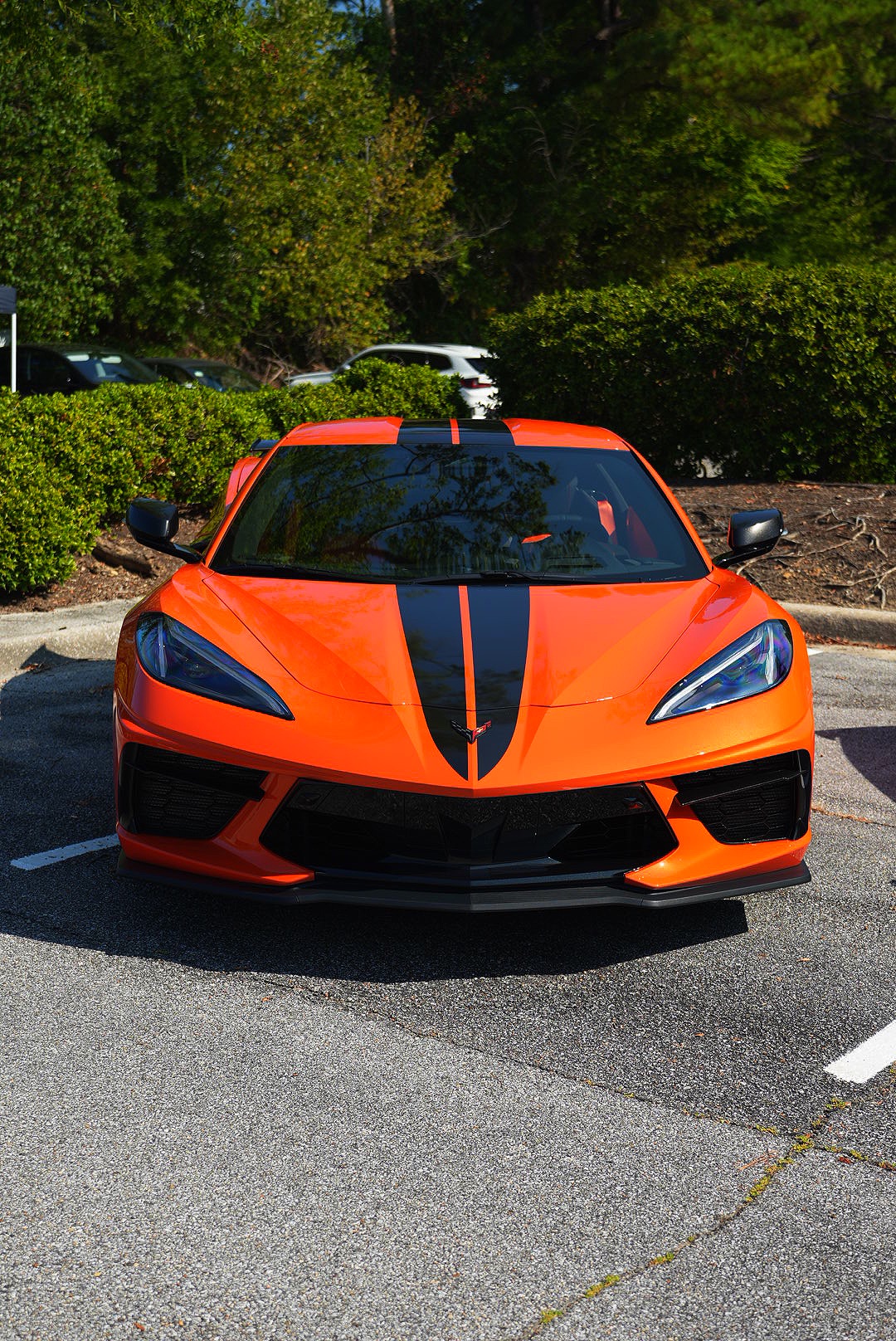 Orange Corvette C8 with black racing stripes photographed head-on.