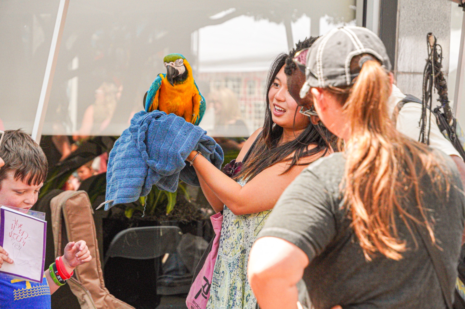 Festival attendees interacting with a colorful parrot.