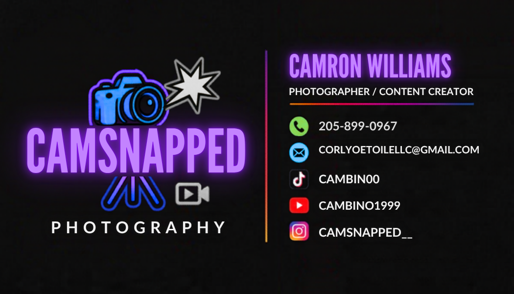 CAMSNAPPED business card showing contact and social info