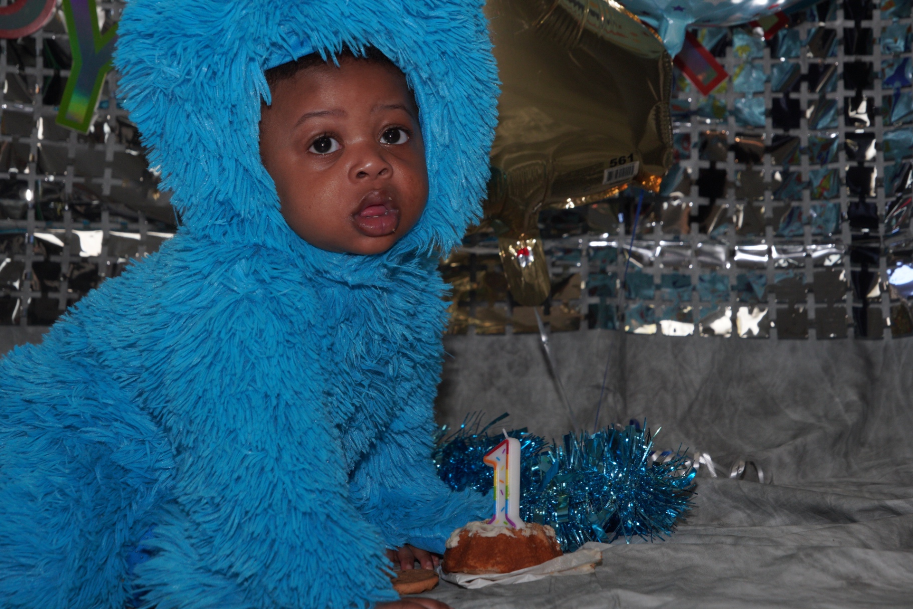 One year old in a blue cookie monster costume with birthday cake.